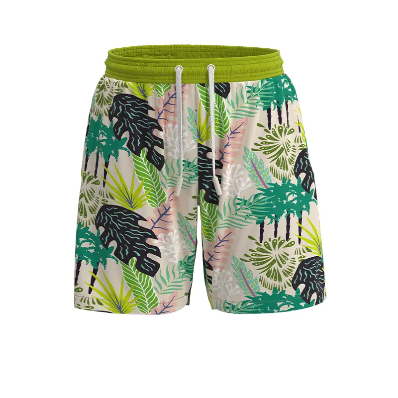 MS29 Men's Green Leaf Print Simple Waist Cord Elastic Beach Shorts