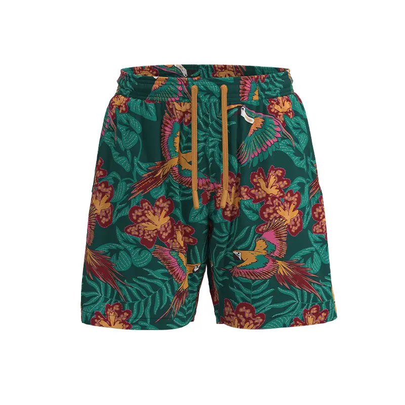 MS34 Men's Green Saffron Printed Simple Waist Cord Elastic Beach Shorts